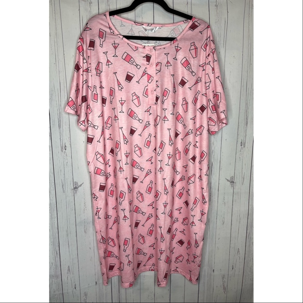 Ekouaer Size XXXL Pink Cocktail Martini Print Sleep Shirt Nightgown Short Sleeve